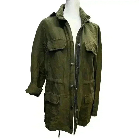DEARJOHN Military Green Linen Blend Utility Jacket Zip Snap Drawstring Hooded L - Picture 6 of 12